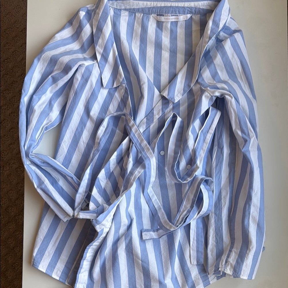 Zara Blue and White Striped Tie Waist Shirt